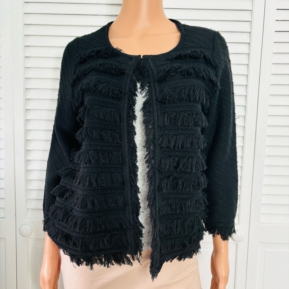 New T TAHARI Black Fringe Knit Sweater Cardigan Size Medium